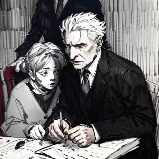 a man and a woman sitting at a table with papers and pens in front of them, and a man in a suit and tie