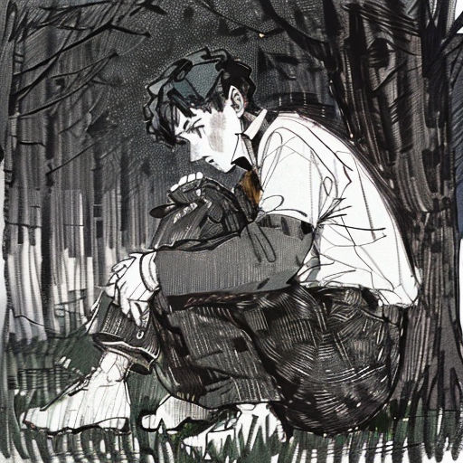 a drawing of a man sitting in the woods at night with a book in his hand and a book in his lap