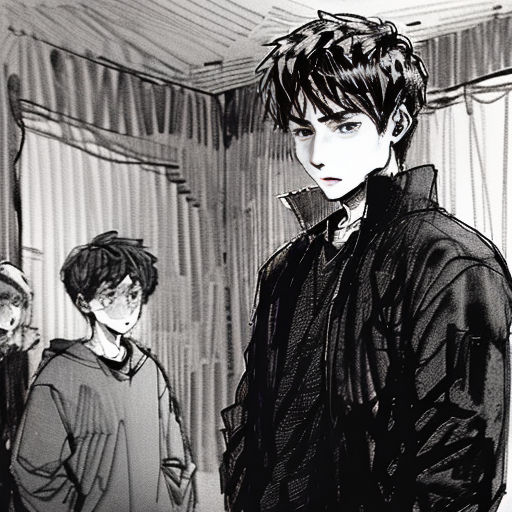 a boy in a black jacket standing in front of a mirror with another boy in a black shirt behind him