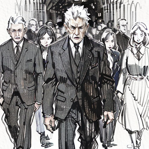 a drawing of a man walking down a street with a group of people behind him and a clock on the wall