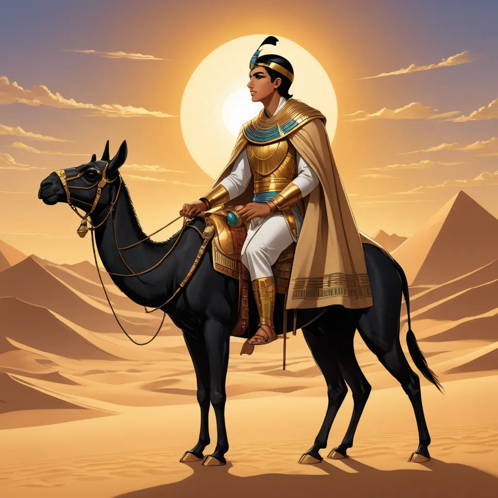a man in a golden outfit riding a black horse in the desert with a sunset behind him and a desert landscape, afrofuturism, egyptian art, Altoon Sultan, desert