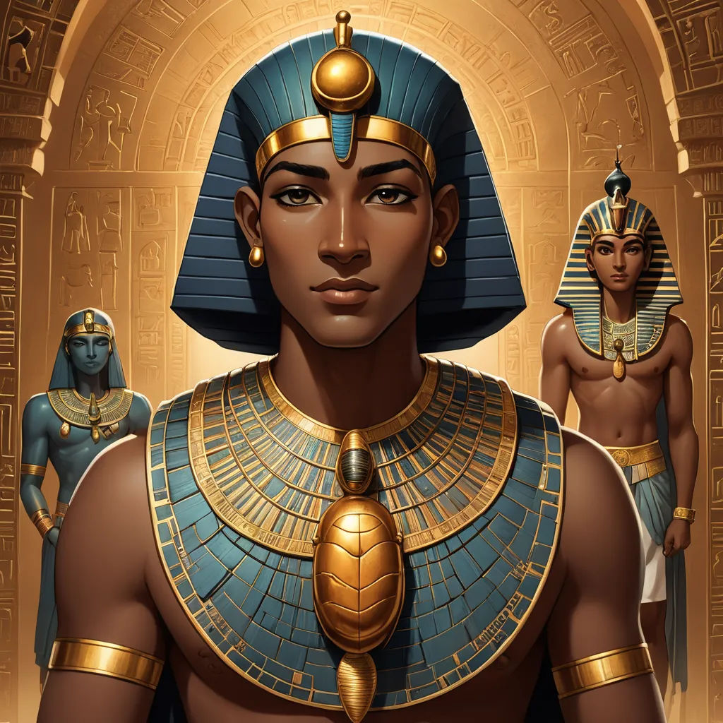 a painting of an egyptian man with two egyptian women in the background of him and her headdress, fantasy art, egyptian art, Altoon Sultan, highly detailed digital art
