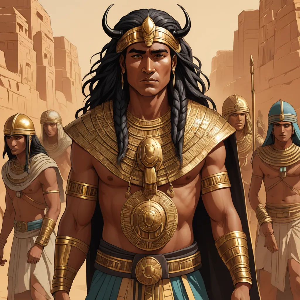 a group of egyptian men standing next to each other in front of a desert city with tall buildings and a sky background, fantasy art, egyptian art, Altoon Sultan, epic fantasy character art