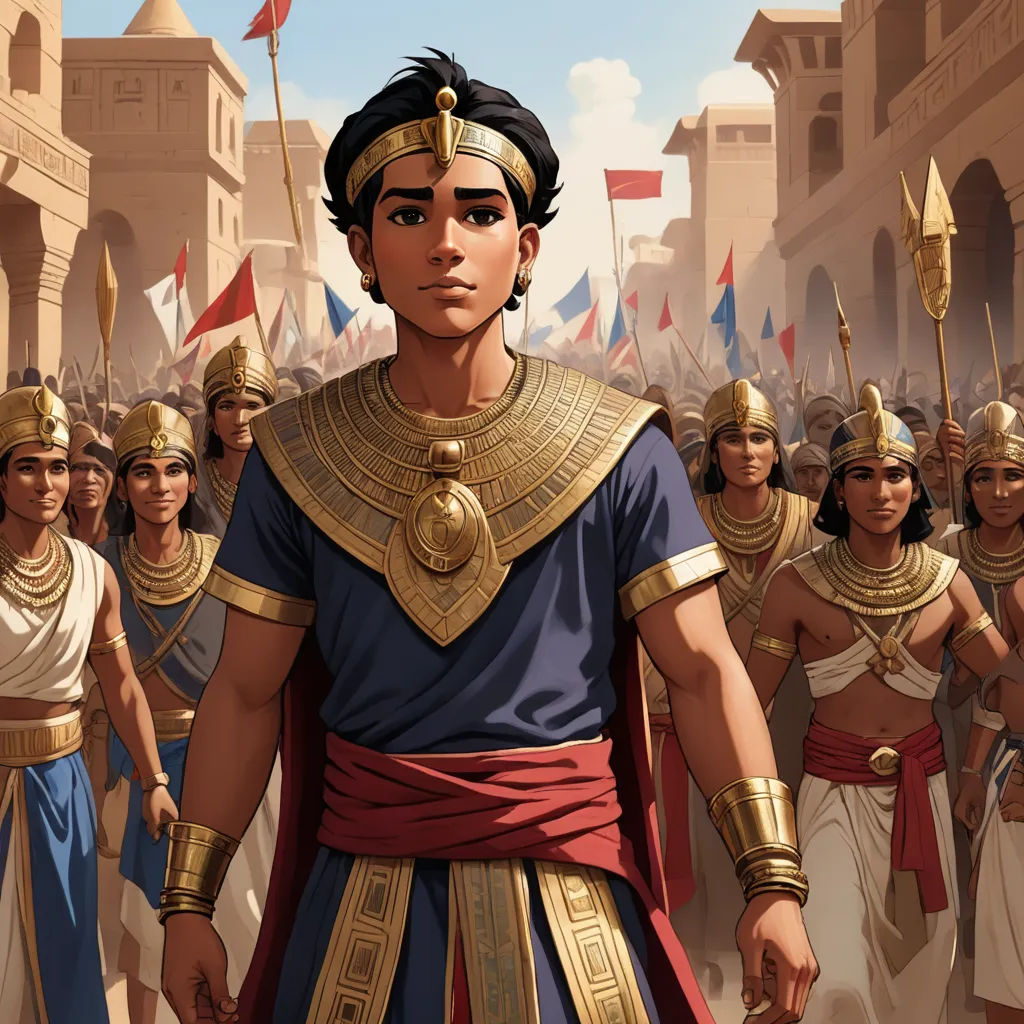 a man in a costume standing in front of a group of people in ancient egypt, with flags in the background, fantasy art, egyptian art, Altoon Sultan, rossdraws global illumination
