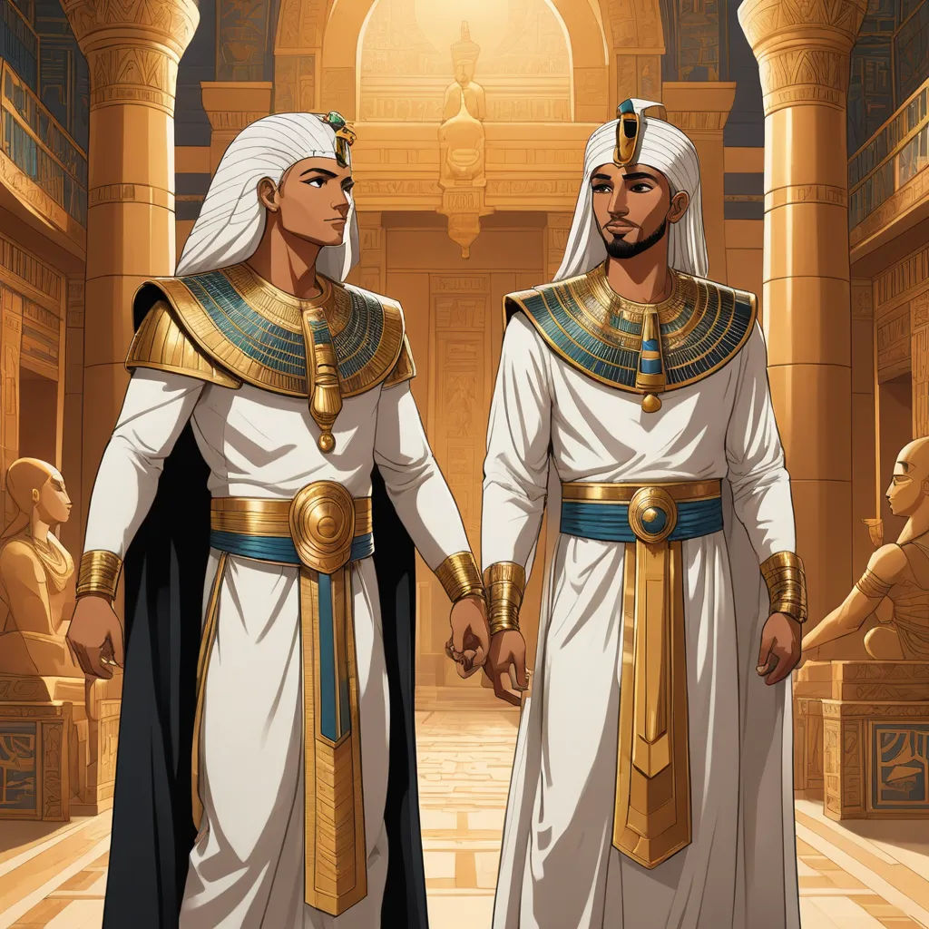 two men in egyptian costumes standing in a hallway with columns and columns in the background, one wearing a gold and black headpiece, afrofuturism, egyptian art, Altoon Sultan, official art