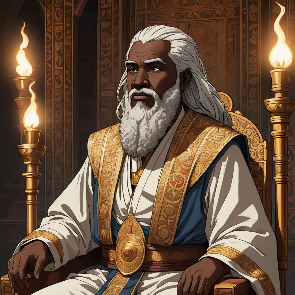 a cartoon of a man sitting in a chair with a light on his head and a beard and a robe on, afrofuturism, a character portrait, Cedric Seaut (Keos Masons), epic fantasy character art
