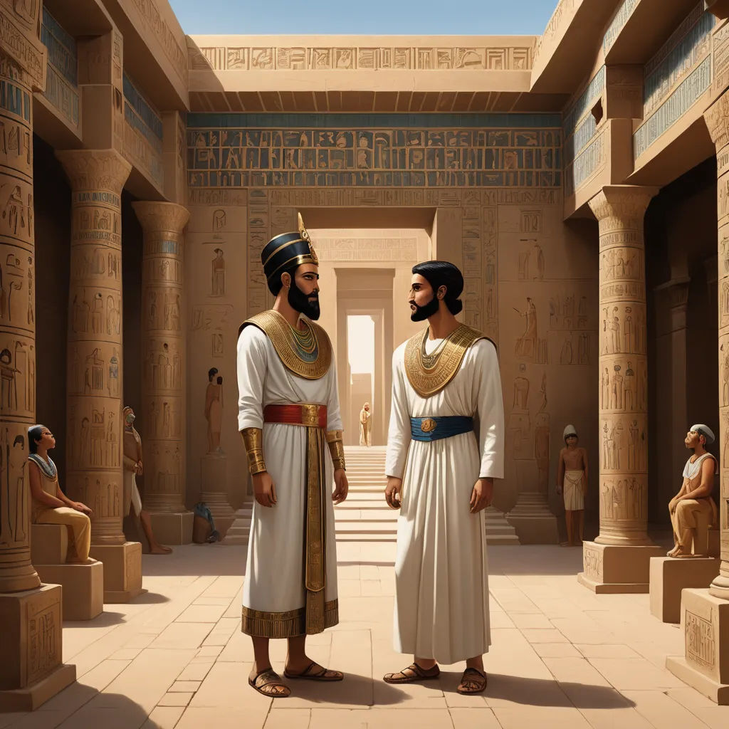 two men in ancient egyptian costumes standing in a room with columns and pillars, one of them wearing a gold and blue collared shirt, purism, egyptian art, Brothers Hildebrandt, 3 d