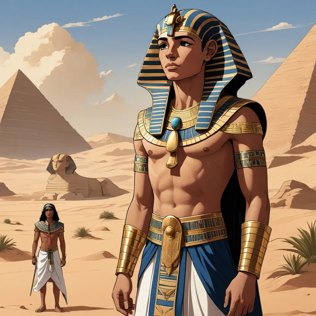 a man in a costume standing in front of a pyramid with a woman standing next to him in front of him, fantasy art, egyptian art, Altoon Sultan, rossdraws global illumination