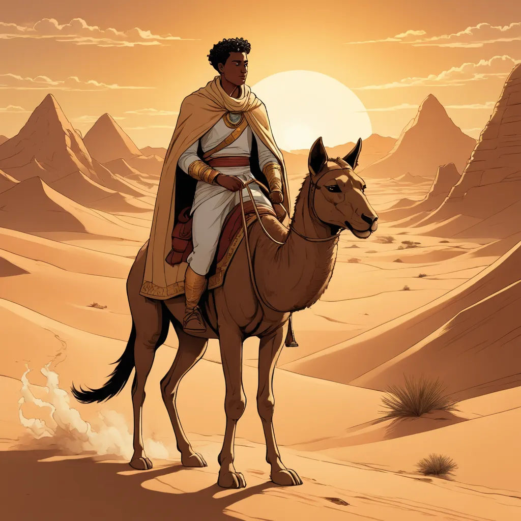 a man riding a camel in the desert at sunset with a desert landscape in the background and a desert landscape in the foreground, afrofuturism, a character portrait, Cedric Seaut (Keos Masons), comic cover art