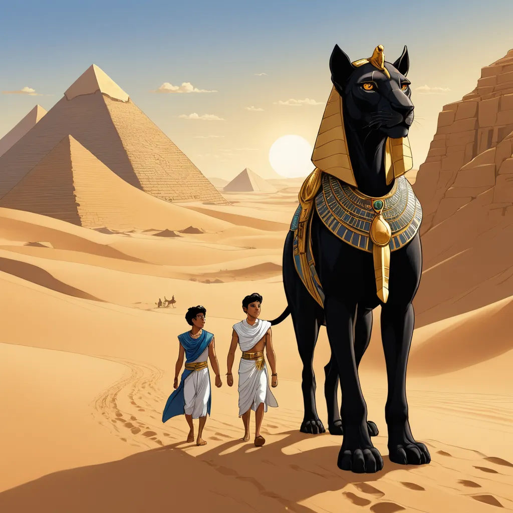 a man and a woman walking in the desert with a black horse in front of the pyramids of giza, afrofuturism, egyptian art, Altoon Sultan, promotional image