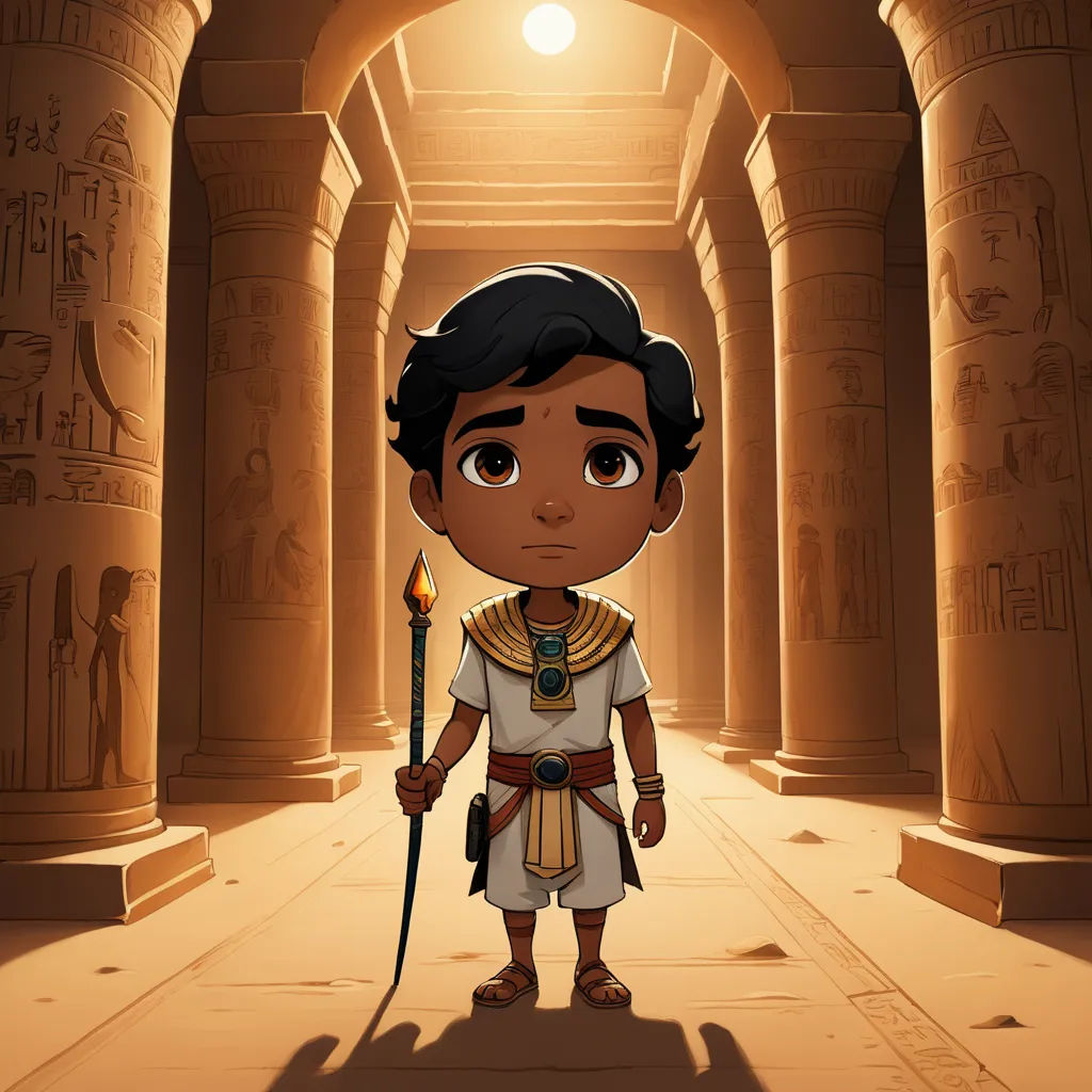 a cartoon character standing in a hallway with a staff in his hand and a light on his head and a lamp in his hand, sots art, egyptian art, Cedric Seaut (Keos Masons), 2 d game art