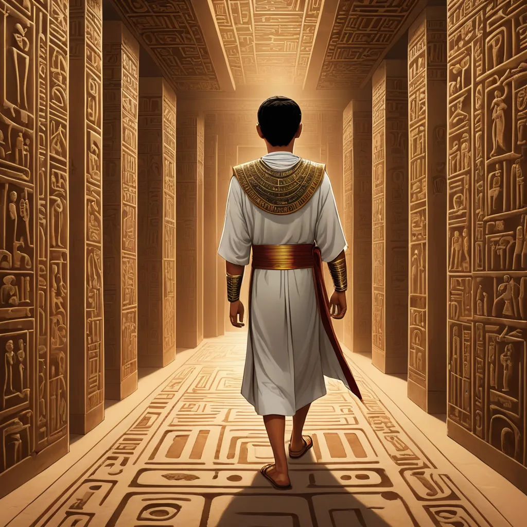 a man in a white robe walking through a hallway with egyptian designs on it and a gold belt around his neck, fantasy art, egyptian art, Drew Struzan, rossdraws global illumination