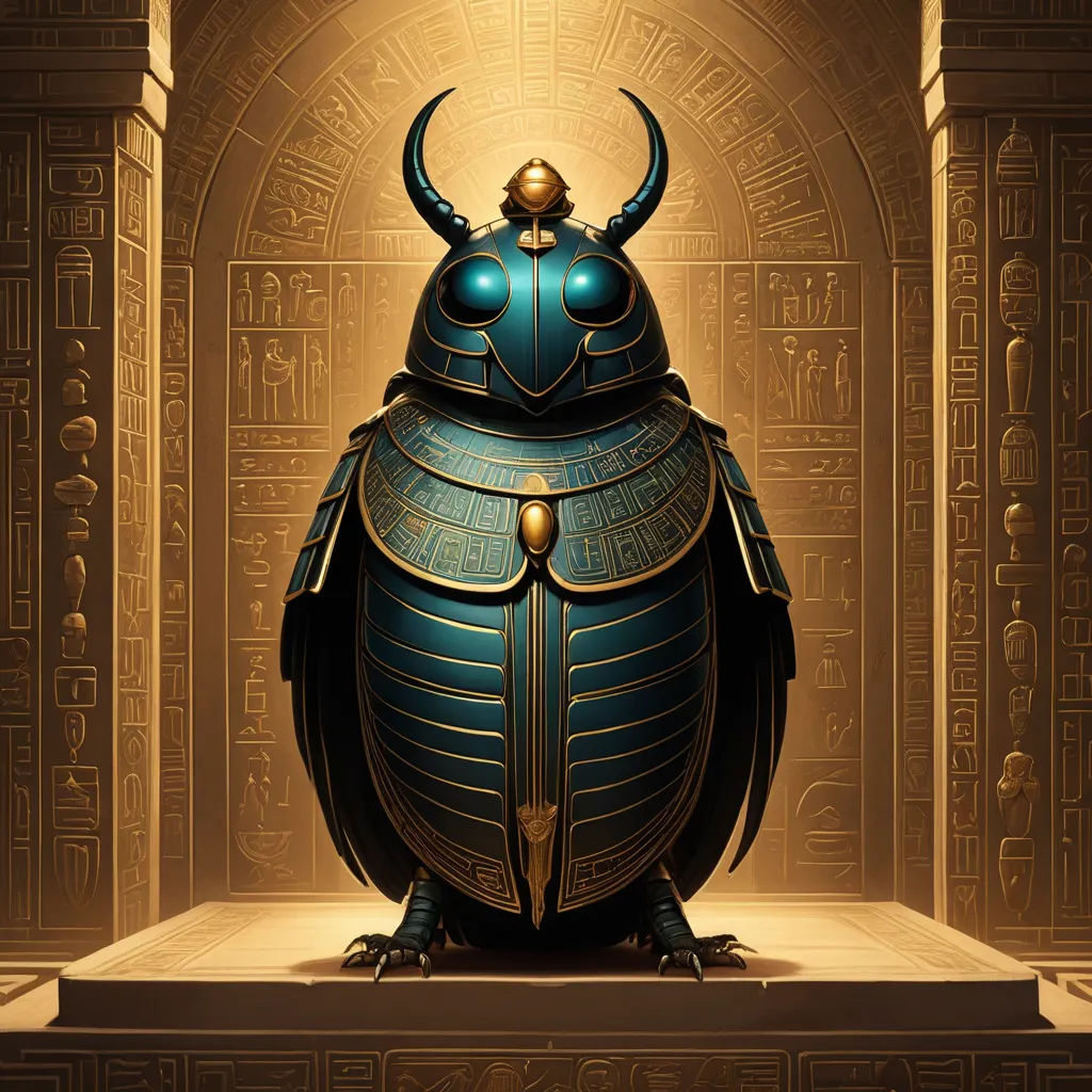 a bug with horns and a helmet on sitting in a room with egyptian designs on the walls and floor, fantasy art, egyptian art, Beeple, rossdraws global illumination