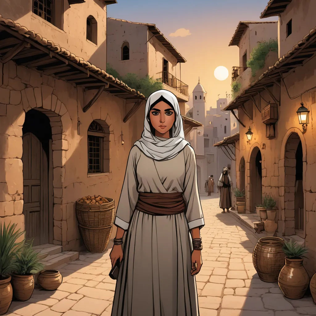 a cartoon of a woman in a white dress standing in a street with a light on and a building in the background, hurufiyya, a comic book panel, Asaf Hanuka, comic cover art