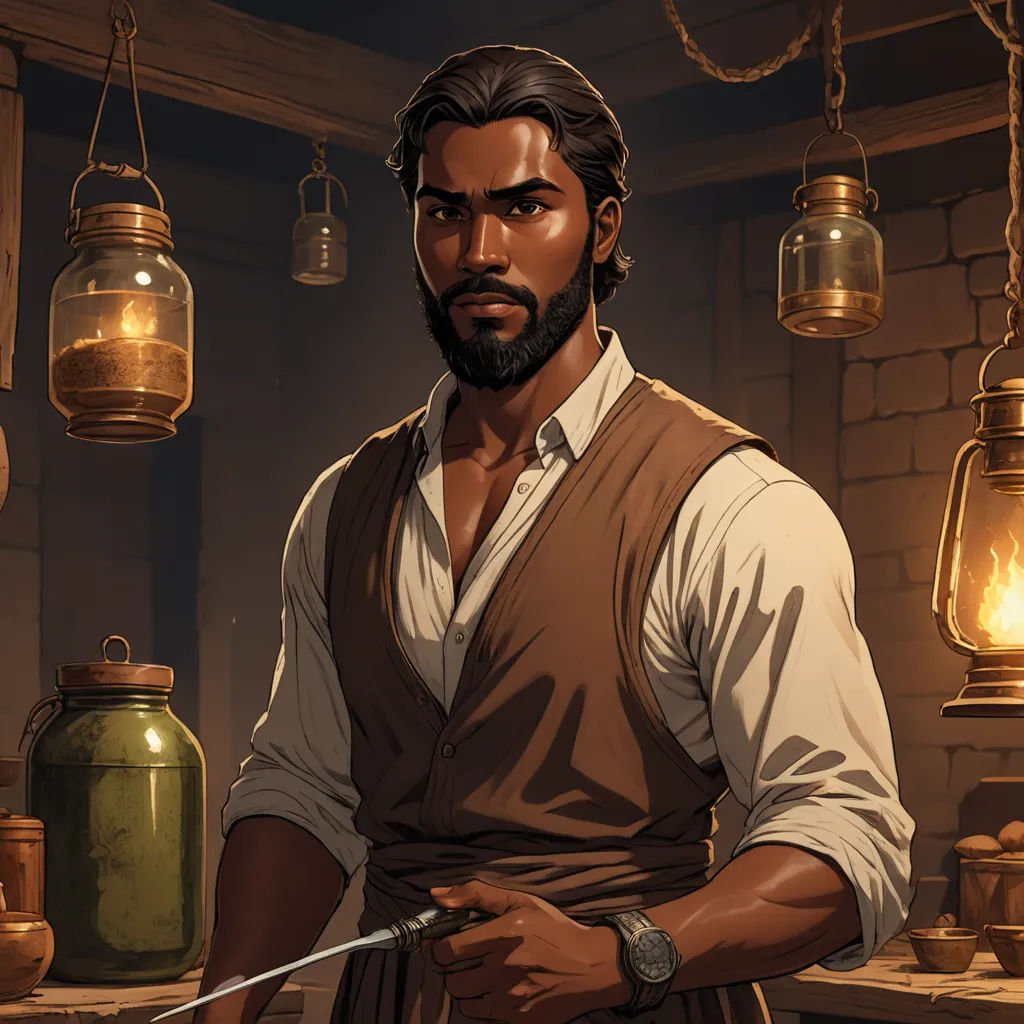 a man holding a knife in a room with hanging lights and jars on the wall and a lantern hanging from the ceiling, harlem renaissance, a character portrait, Cedric Seaut (Keos Masons), kinkade