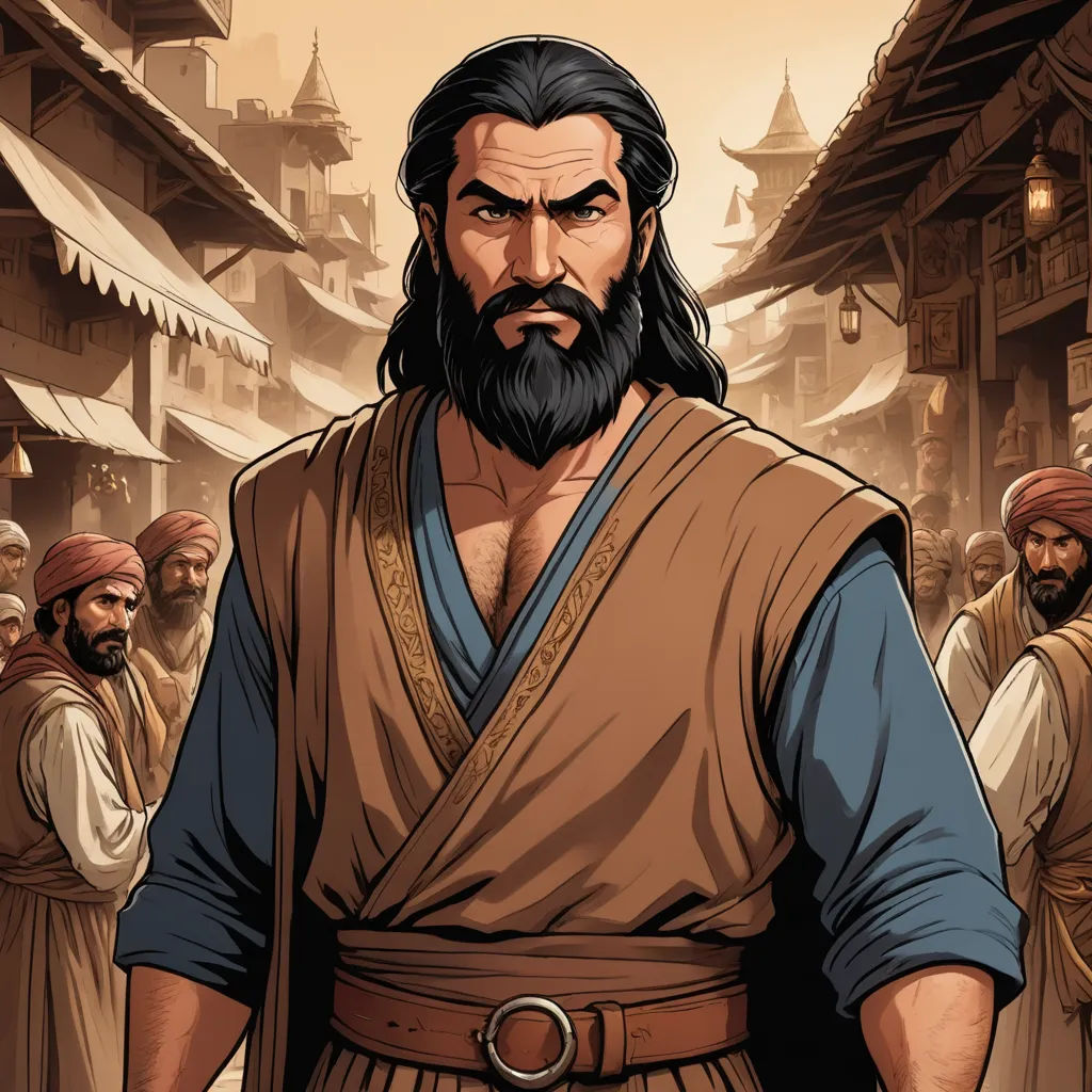 a cartoon of a man with a beard and a beard in a village with other men in the background, hurufiyya, a comic book panel, Altoon Sultan, graphic novel