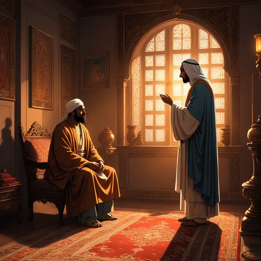 a man in a robe is talking to a man in a robe in a room with a large window, fantasy art, a storybook illustration, Brothers Hildebrandt, radiant light