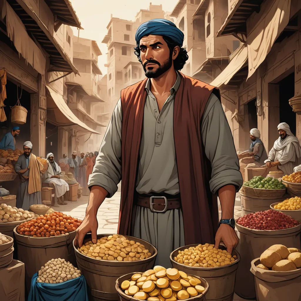 a man standing in front of a bunch of buckets of food in a street market area with people in the background, hurufiyya, a comic book panel, Asaf Hanuka, graphic novel