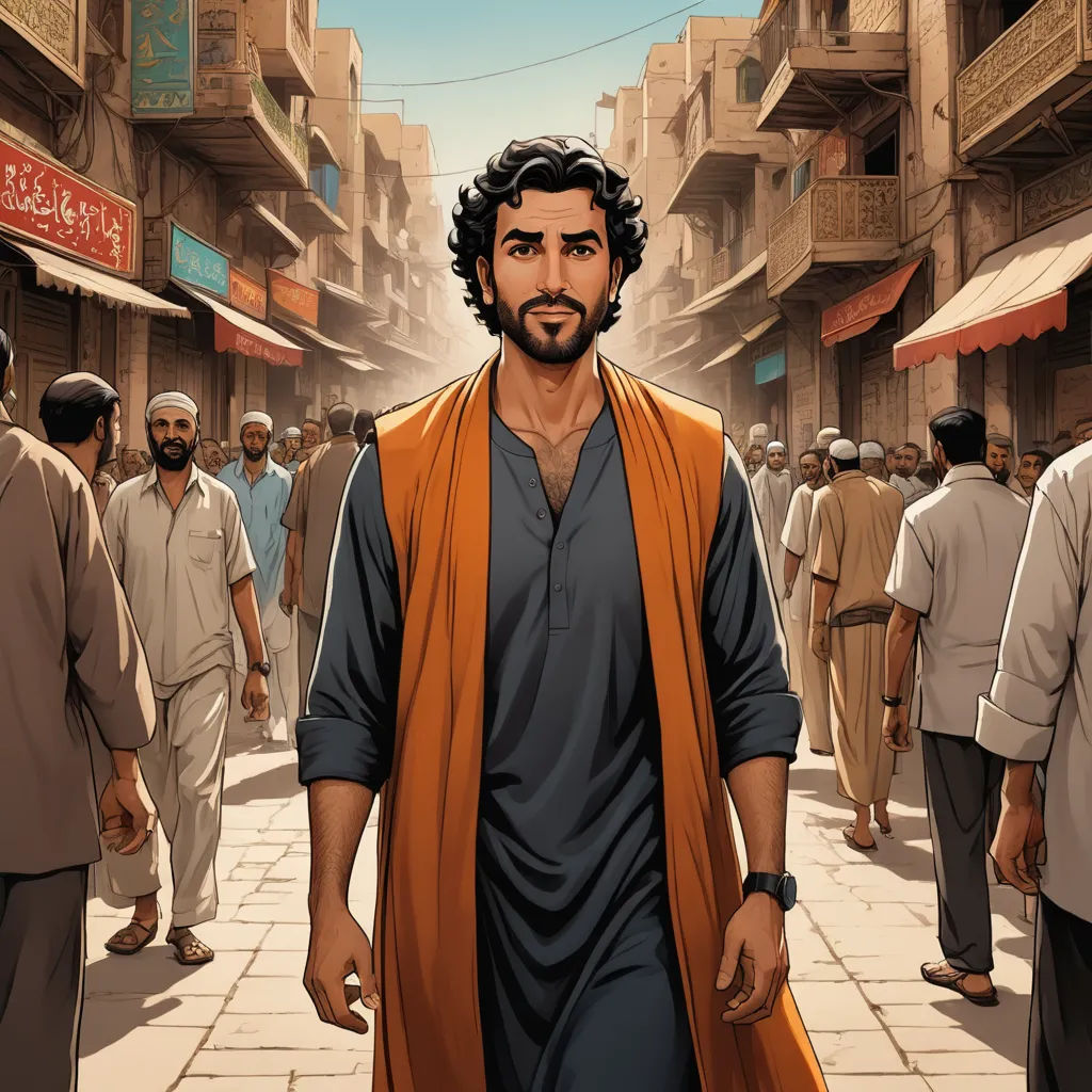 a man in a brown vest is walking through a crowded street with people in the background and a sign that says,, hurufiyya, a comic book panel, Asaf Hanuka, graphic novel