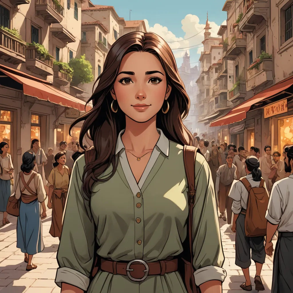 a woman in a green dress standing in a crowded street with a crowd of people in the background and a building with a clock on it, context art, a comic book panel, Colin Middleton, kinkade
