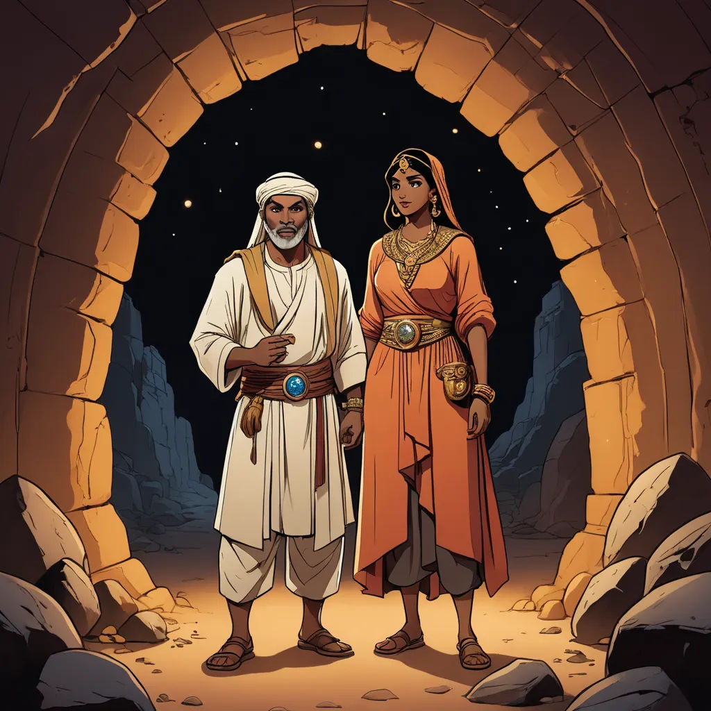a man and a woman standing in front of a tunnel with a light on it and a star above, les nabis, a storybook illustration, Asaf Hanuka, rossdraws global illumination