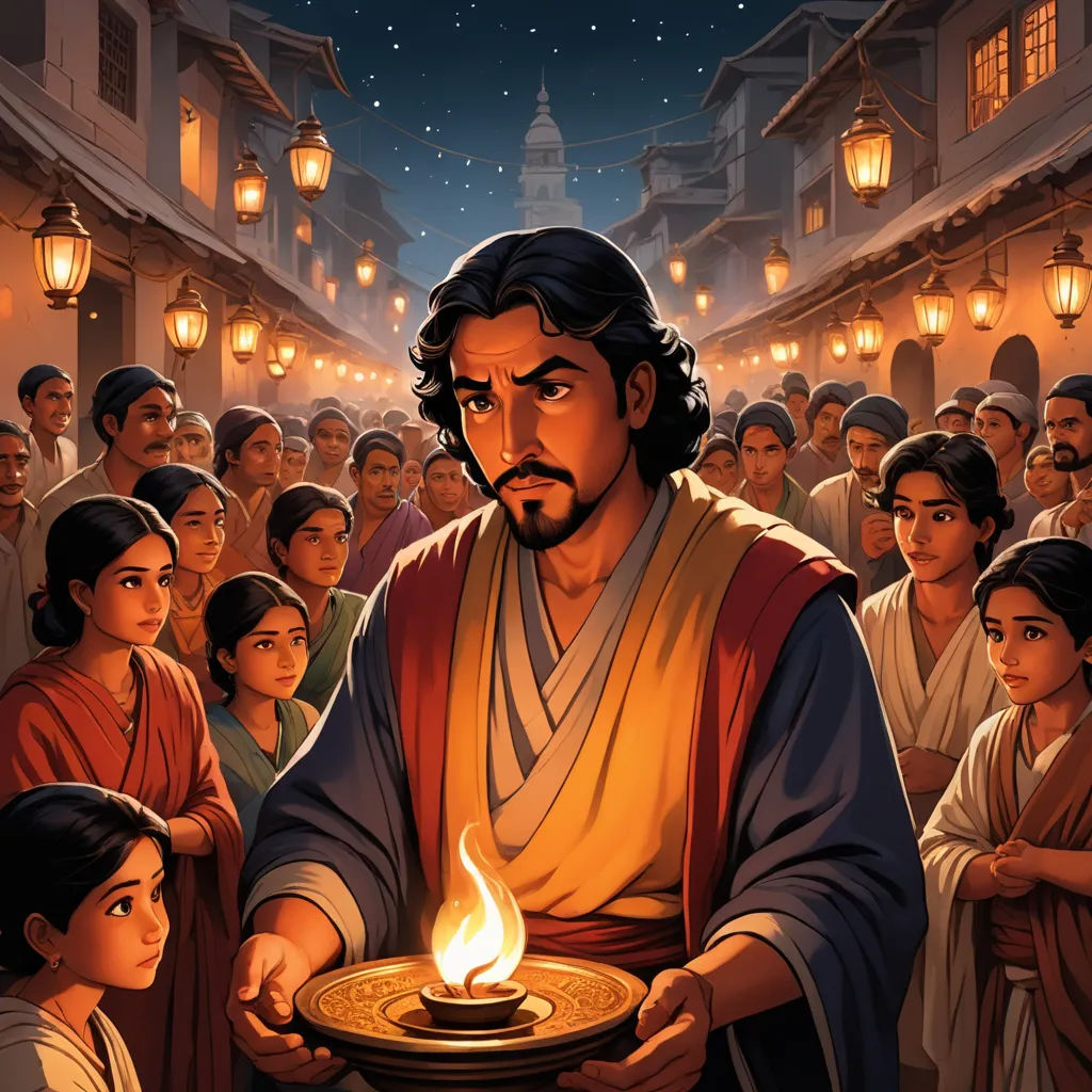 a man holding a bowl of fire in front of a crowd of people in a street at night with lanterns, cynical realism, a storybook illustration, Asaf Hanuka, graphic novel