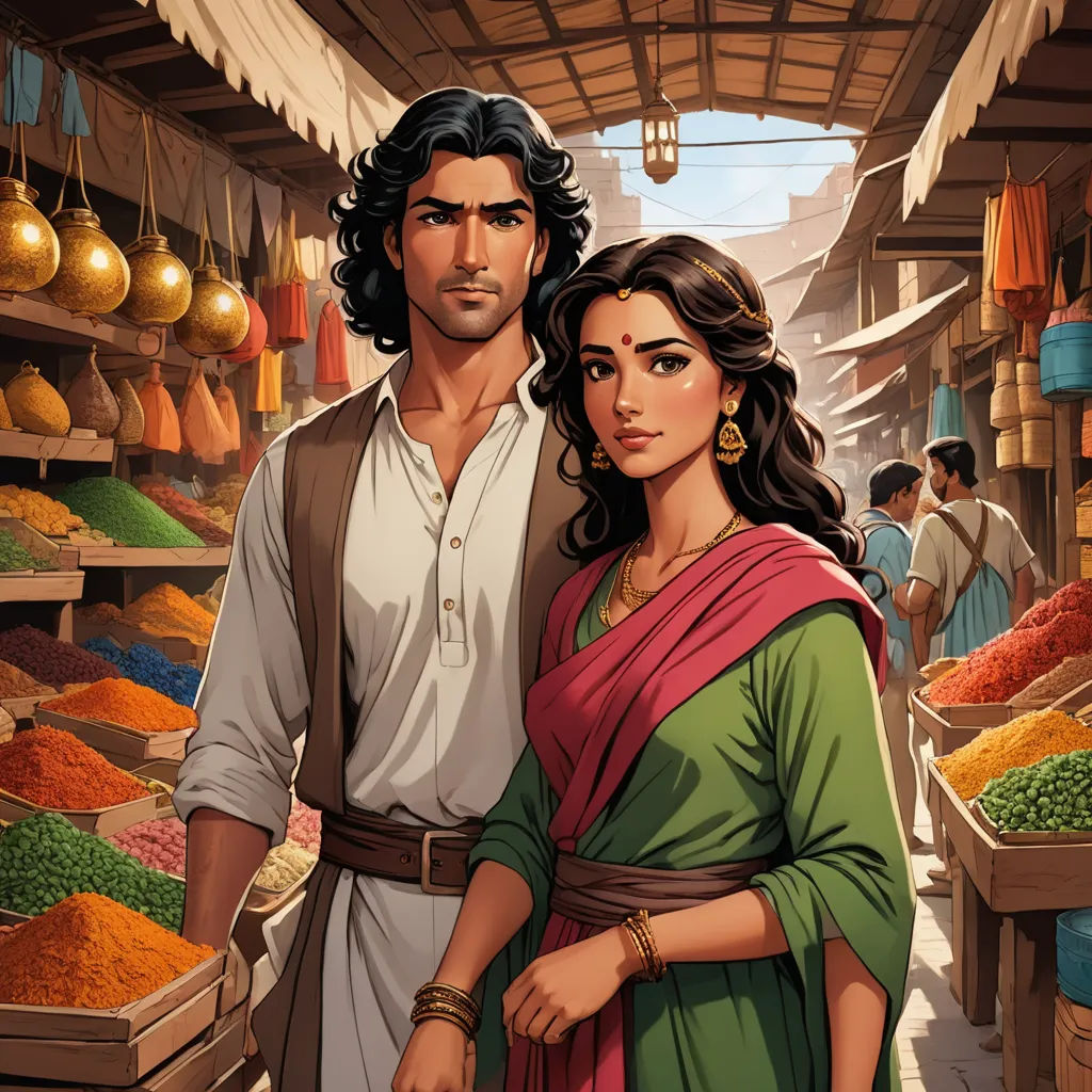 a man and woman standing in a market with a lot of food on display behind them and a man in a white shirt and a red shirt, fantasy art, a storybook illustration, Altoon Sultan, official art