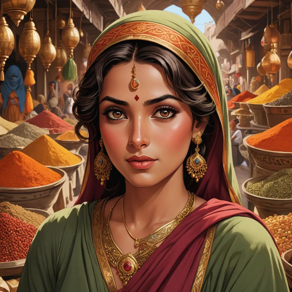 a painting of a woman in a market with lots of spices in the background and a man in a turban, fantasy art, a detailed painting, Clint Cearley, highly detailed digital painting