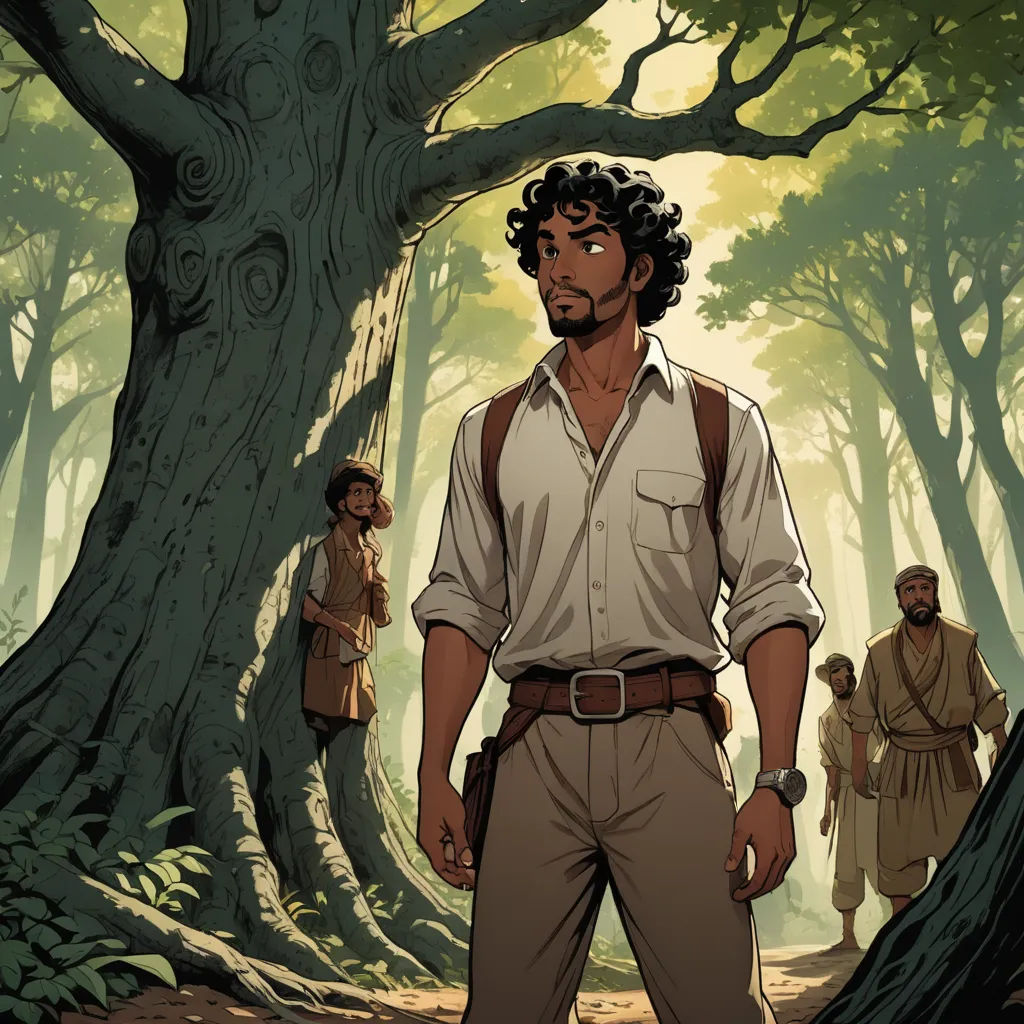 a man standing in front of a tree in a forest with other men in the background and a tree in the foreground, serial art, a comic book panel, Asaf Hanuka, graphic novel