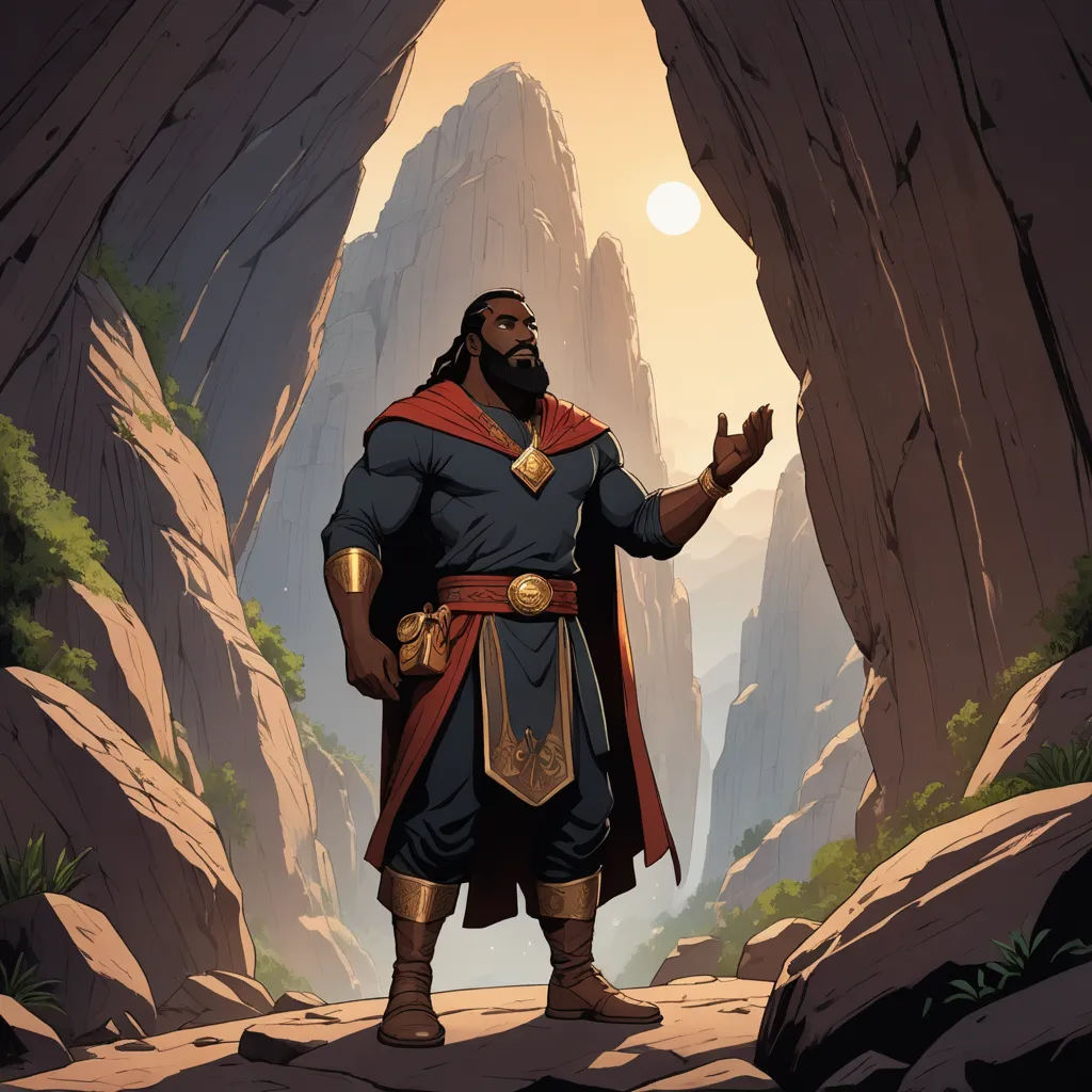 a man in a black and gold outfit standing in a cave with a mountain in the background and a sun in the sky, afrofuturism, a comic book panel, Chris LaBrooy, official art