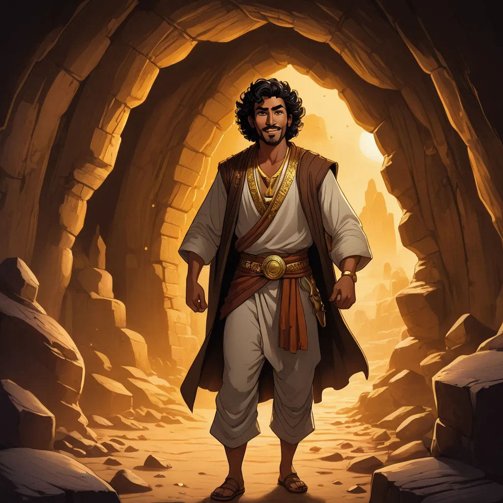 a man in a cave with a beard and a beard wearing a costume and a cape is standing in front of a cave, hurufiyya, a character portrait, Amir Zand, epic fantasy character art