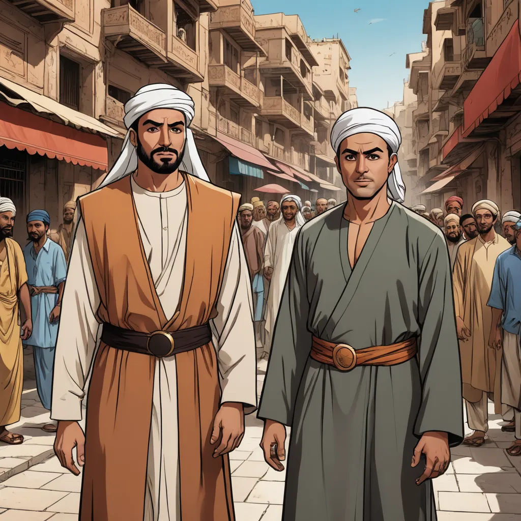 a cartoon of two men standing next to each other in a street with people in the background and a building, hurufiyya, a comic book panel, Altoon Sultan, graphic novel