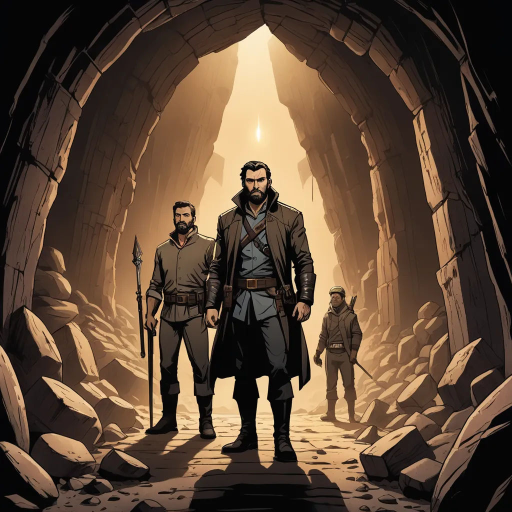 a couple of men standing in a tunnel with a sword in hand and a man with a beard and a beard, underground comix, a comic book panel, Dan Mumford, comic cover art
