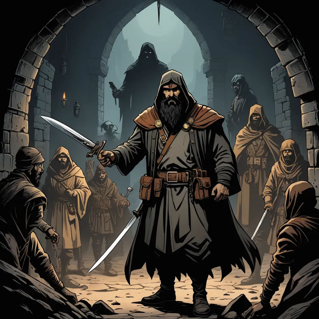 a man with a sword standing in a tunnel with other men in the background and a dark tunnel with a light, antipodeans, a comic book panel, Altoon Sultan, epic fantasy character art