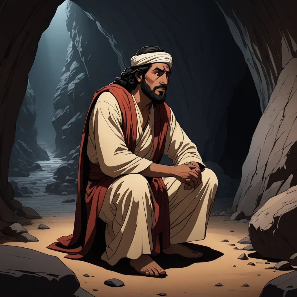 a man sitting in a cave with a light shining on him and a cave behind him is a cave with a light shining on him, underground comix, a cave painting, Dionisius, radiant light