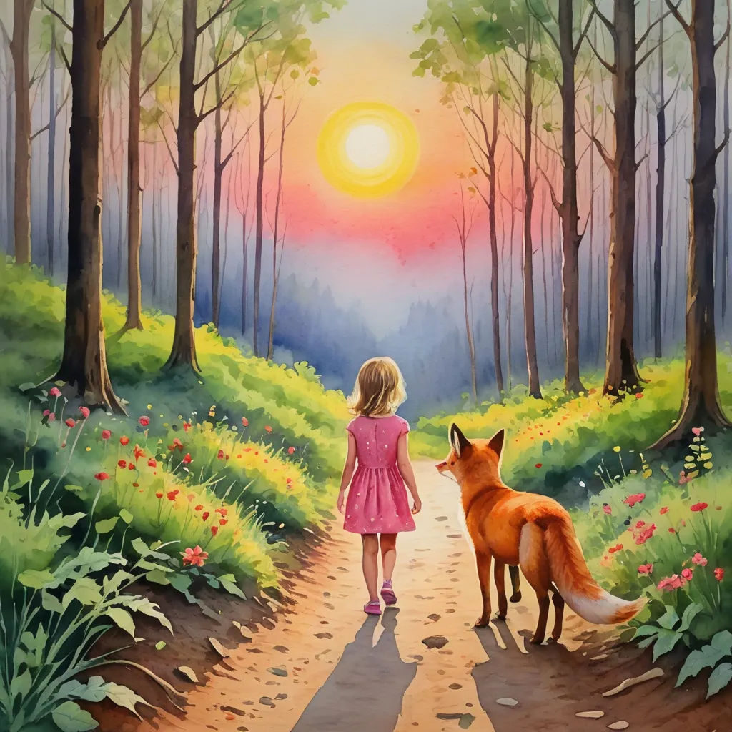 a painting of a little girl and a fox in a forest with a sunset in the background and a path leading to the woods, metaphysical painting, a storybook illustration, Alice Prin, storybook illustration