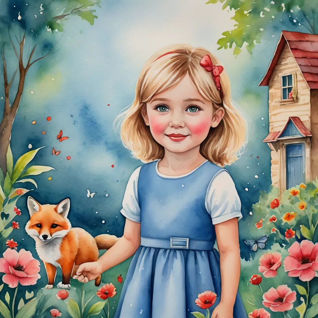 a painting of a little girl holding a fox in a field of flowers and a house in the background, figurative art, a storybook illustration, Carol Sutton, storybook illustration