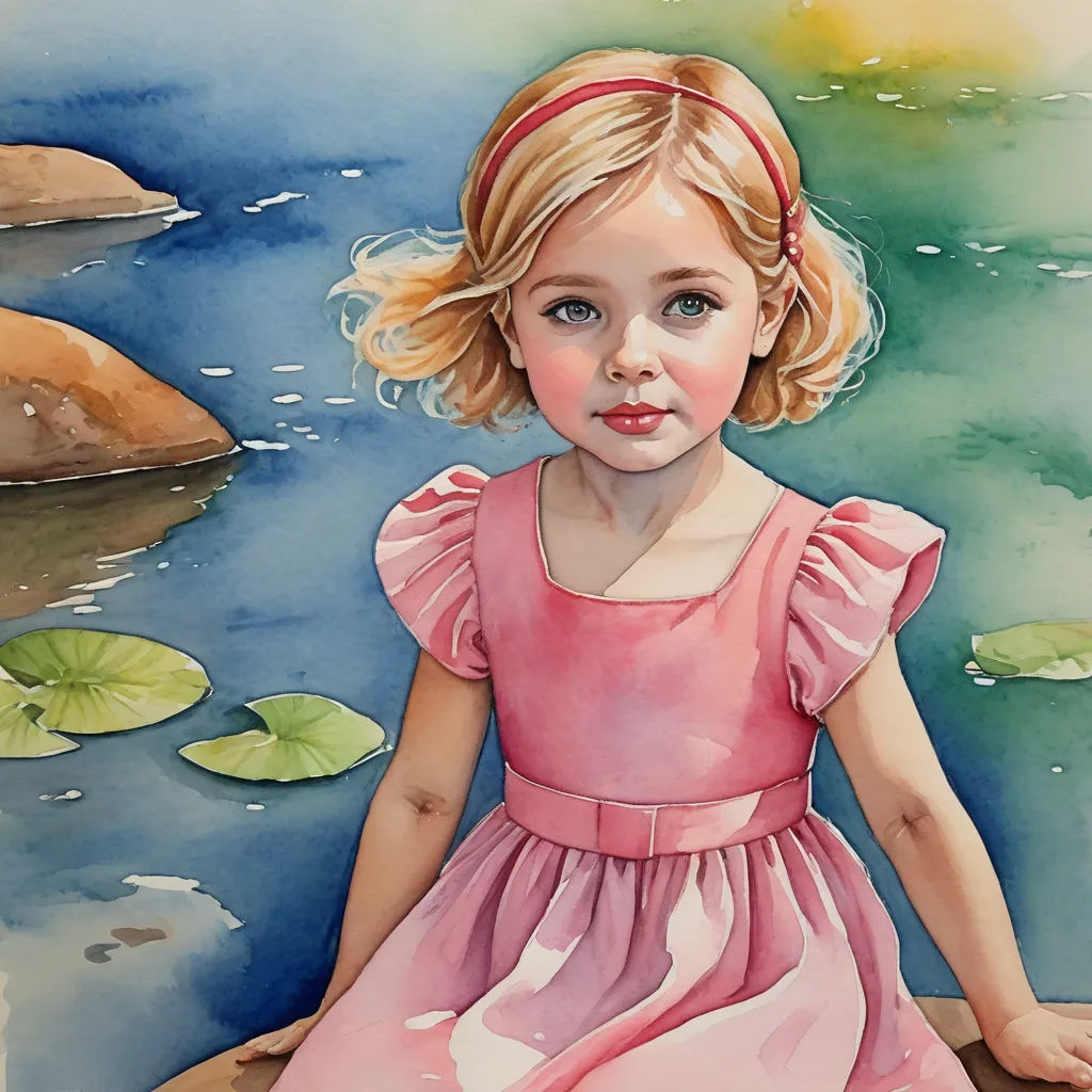 a painting of a little girl in a pink dress sitting on a rock by a pond with lily pads, figurative art, a watercolor painting, Caroline Lucy Scott, watercolor