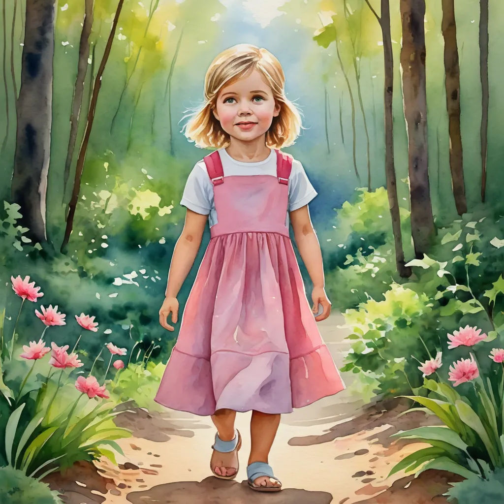 a painting of a little girl walking through a forest with flowers on the ground and trees in the background, photorealism, a storybook illustration, Bob Byerley, storybook illustration