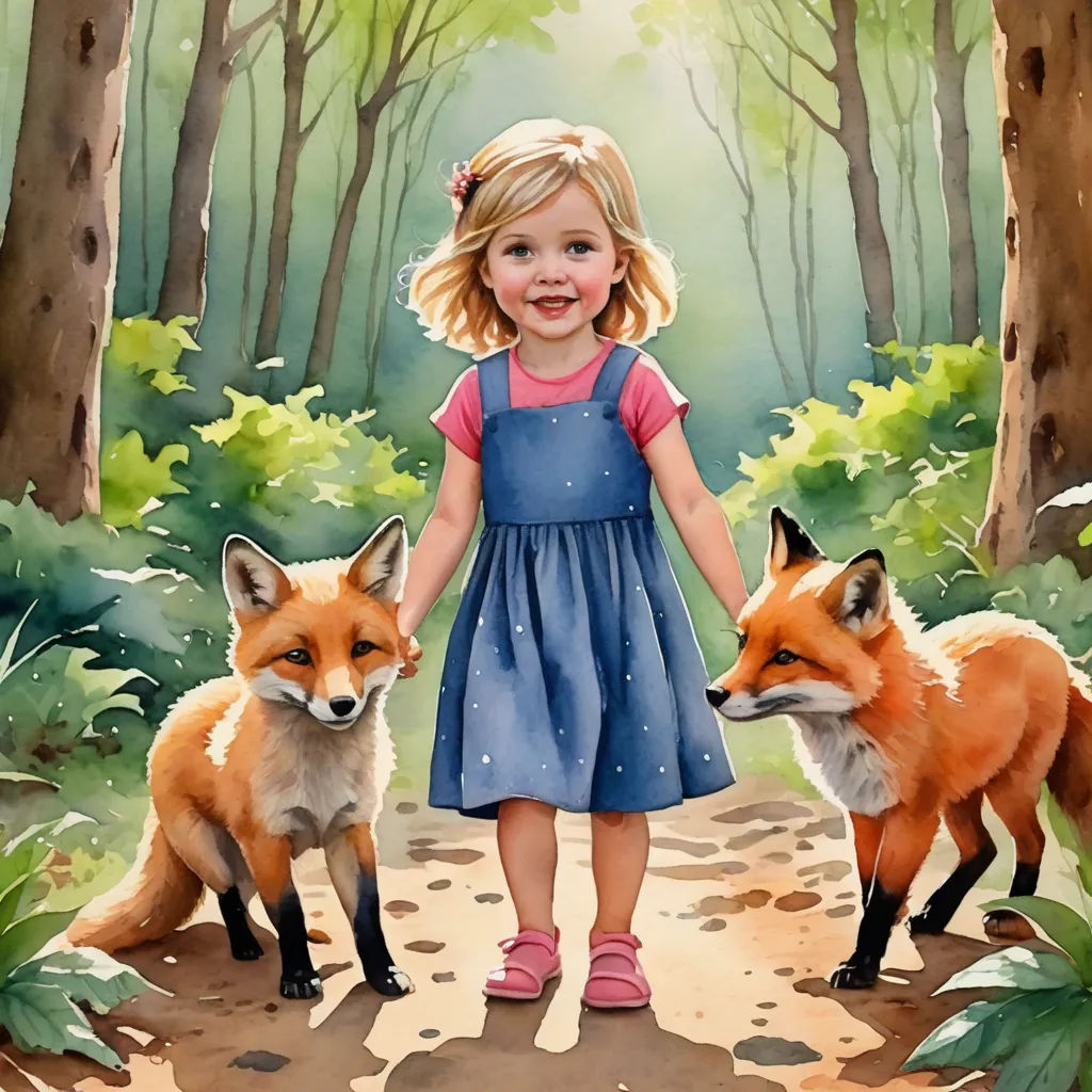 a painting of a little girl and two foxes in the woods with trees and grass in the background, with a little girl in a blue dress and pink shoes, magic realism, a storybook illustration, Caroline Lucy Scott, storybook illustration