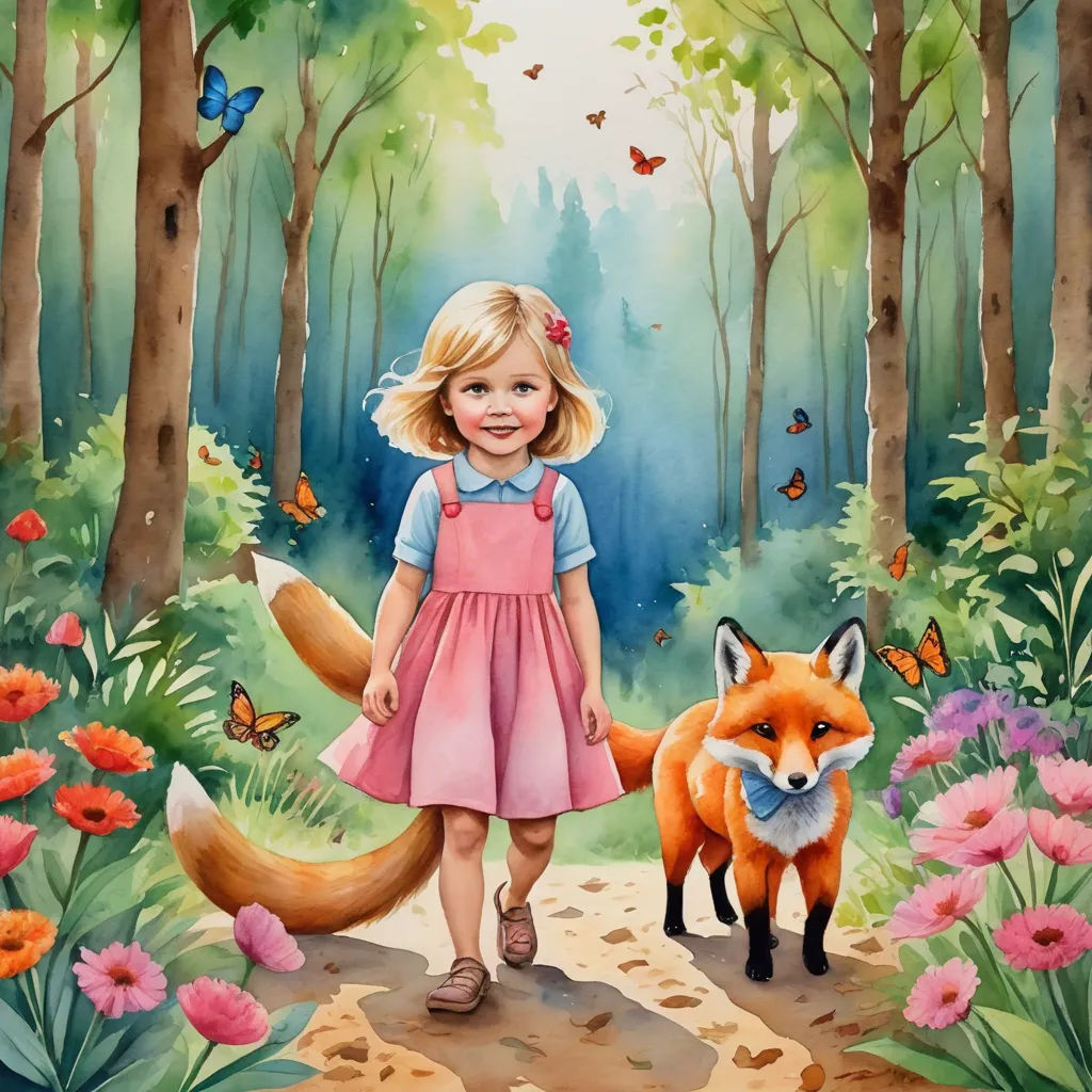 a painting of a little girl and a fox in a forest with flowers and butterflies on the ground and a butterfly flying above her, fantasy art, a storybook illustration, Claire Hummel, storybook illustration