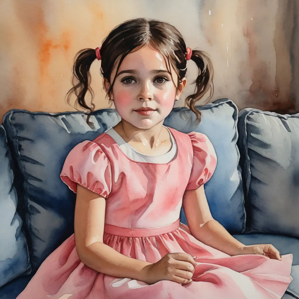 a painting of a little girl sitting on a couch in a pink dress with a pink bow in her hair, figurative art, a watercolor painting, Alison Watt, photorealistic portrait