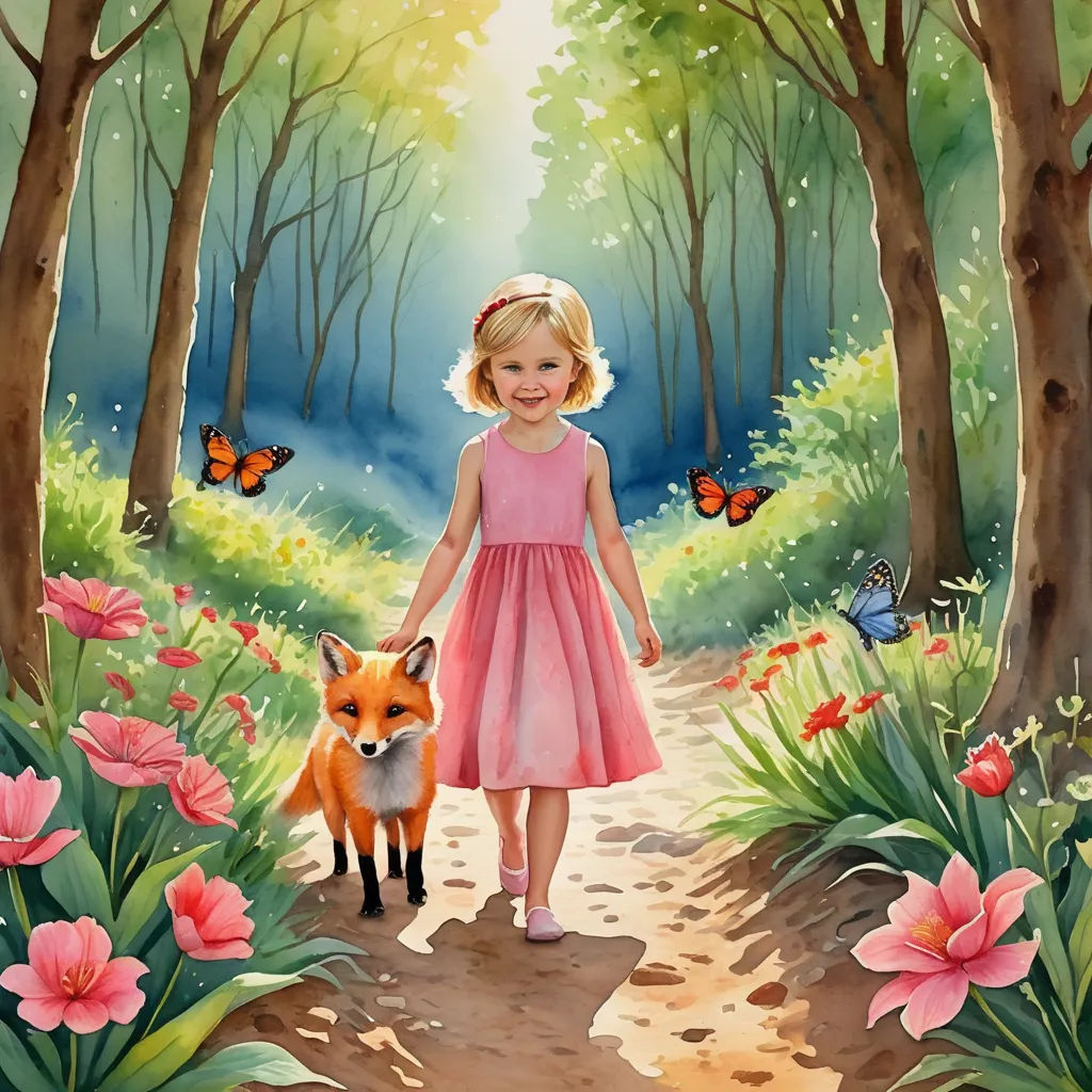 a painting of a little girl and a fox in a forest with flowers and butterflies on the ground and a butterfly on the ground, magic realism, a storybook illustration, Elizabeth Durack, storybook illustration