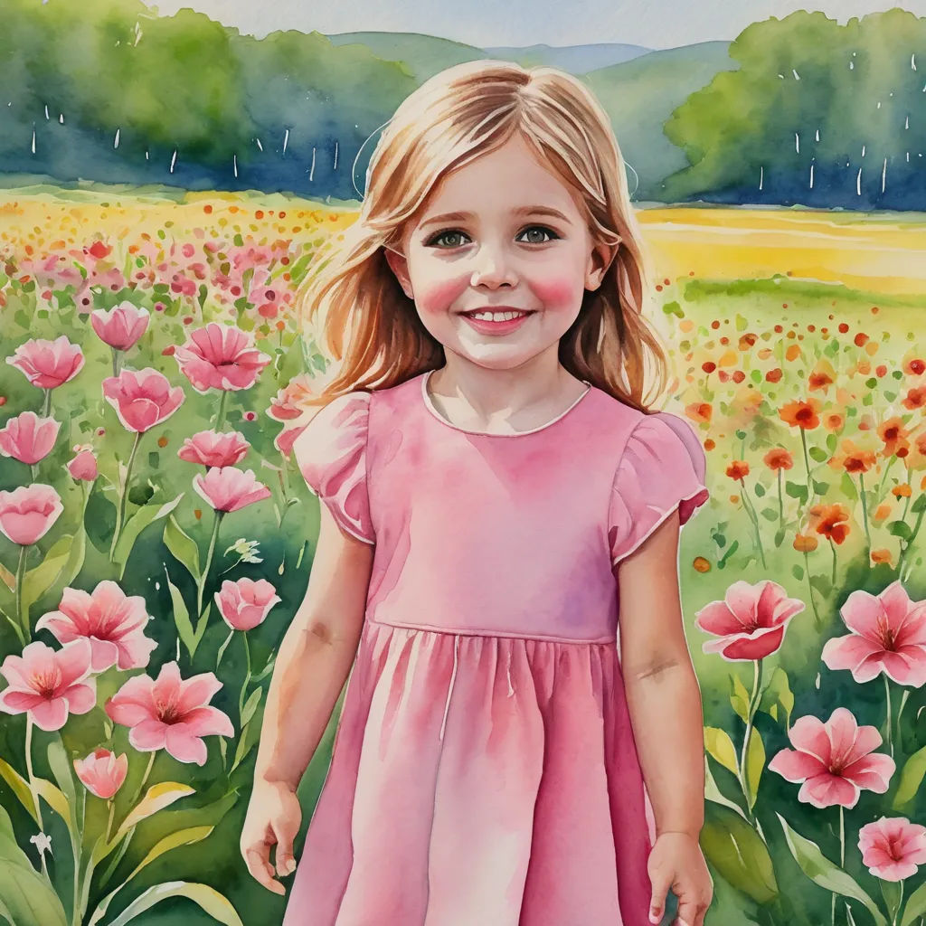 a painting of a little girl in a field of flowers with a raindrop on her head and a pink dress, figurative art, a watercolor painting, Caroline Lucy Scott, detailed painting
