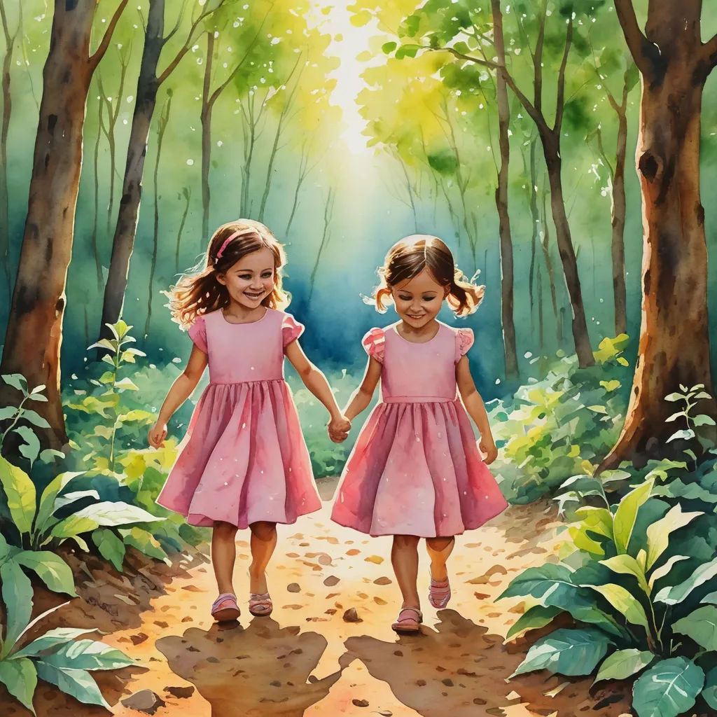 two little girls walking down a dirt path in the woods holding hands and smiling at the camera with the sun shining through the trees behind them, figurative art, a watercolor painting, Daphne McClure, detailed painting