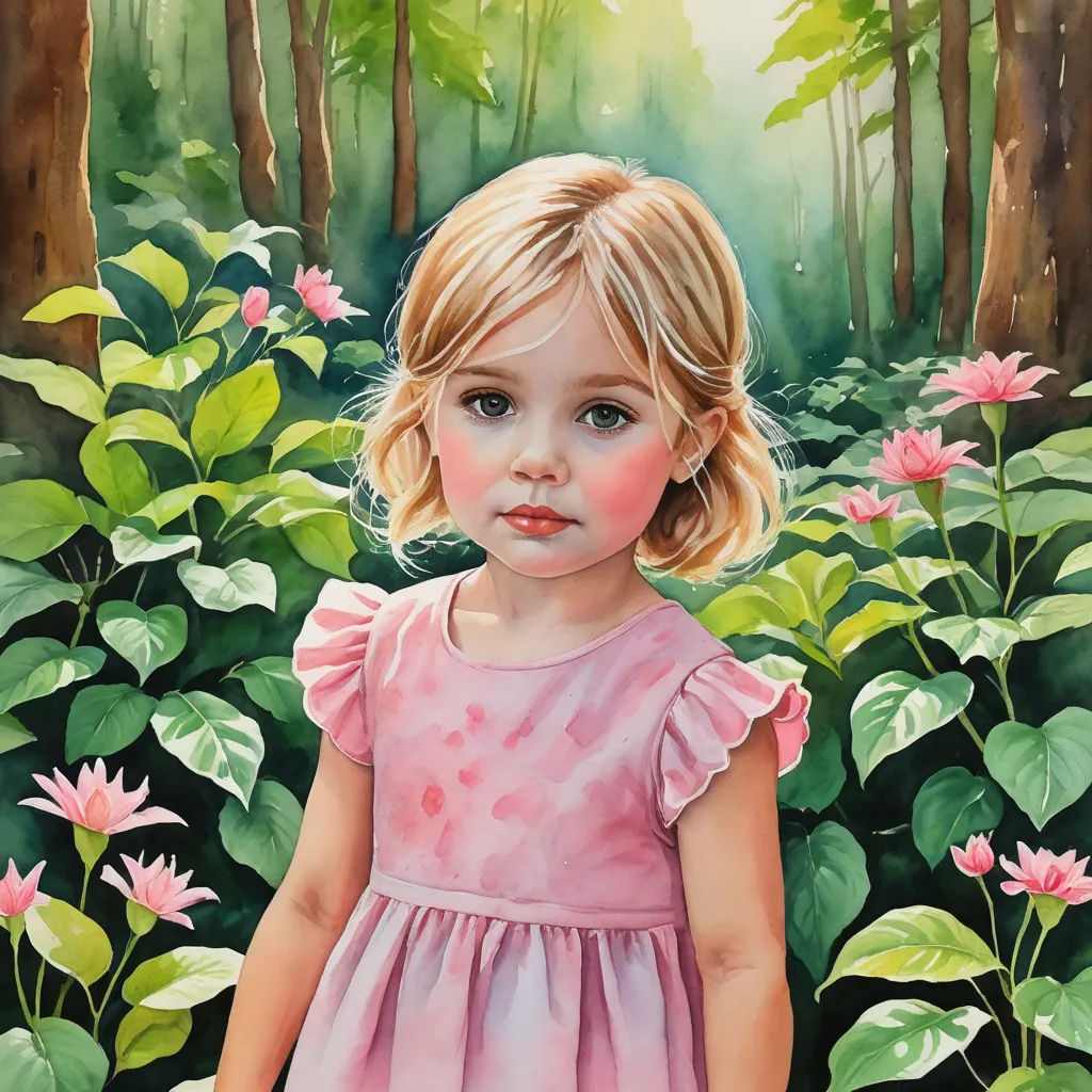 a painting of a little girl in a pink dress standing in a field of flowers with a forest in the background, figurative art, a photorealistic painting, Carol Sutton, highly detailed oil painting