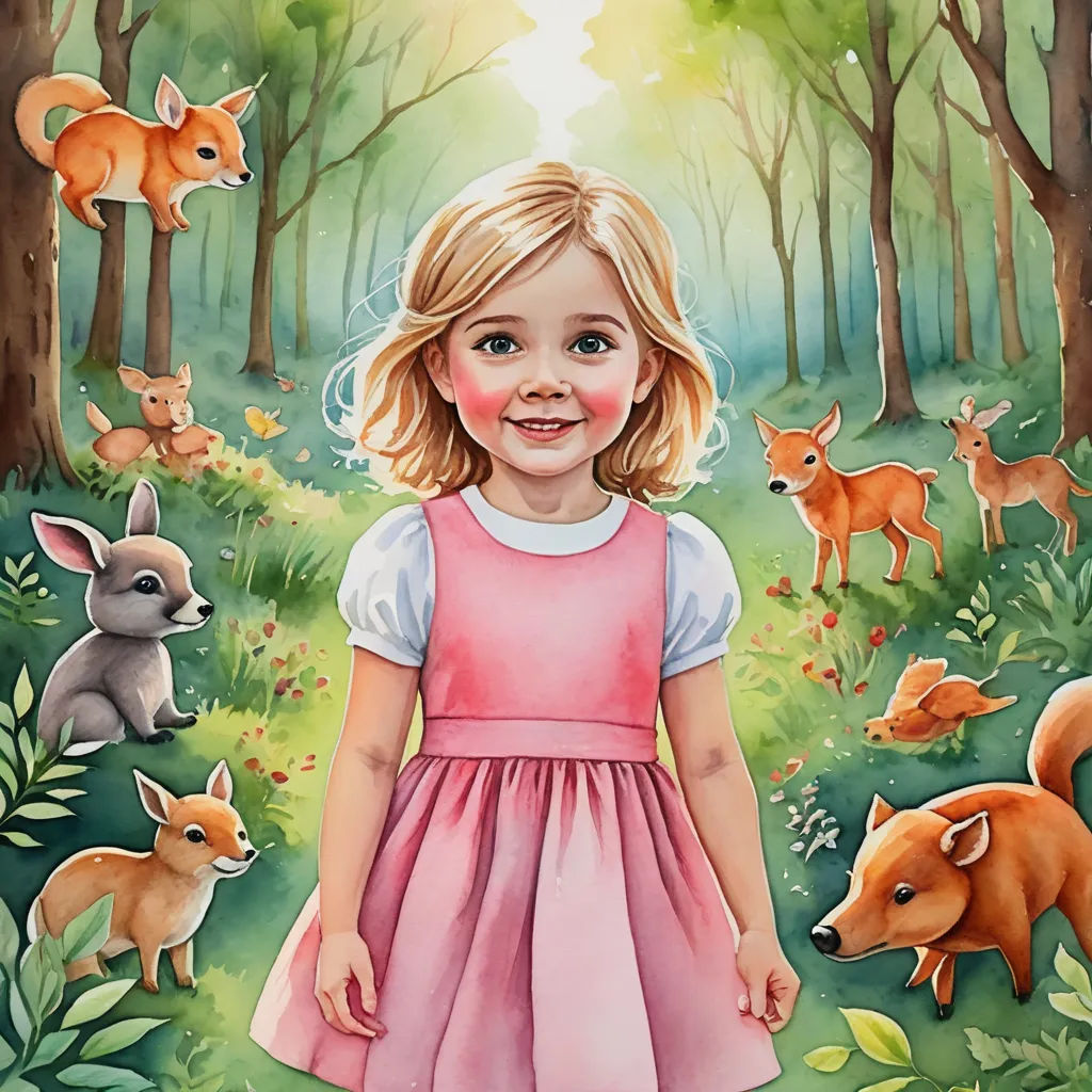 a painting of a little girl in a pink dress surrounded by animals in a forest with sunlight shining through the trees, magic realism, a storybook illustration, Elizabeth Durack, storybook illustration