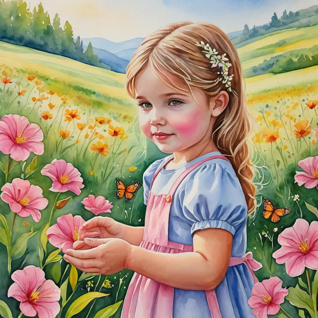a painting of a little girl in a field of flowers holding a butterfly in her hand and smiling at the camera, figurative art, a fine art painting, Carol Sutton, highly detailed oil painting