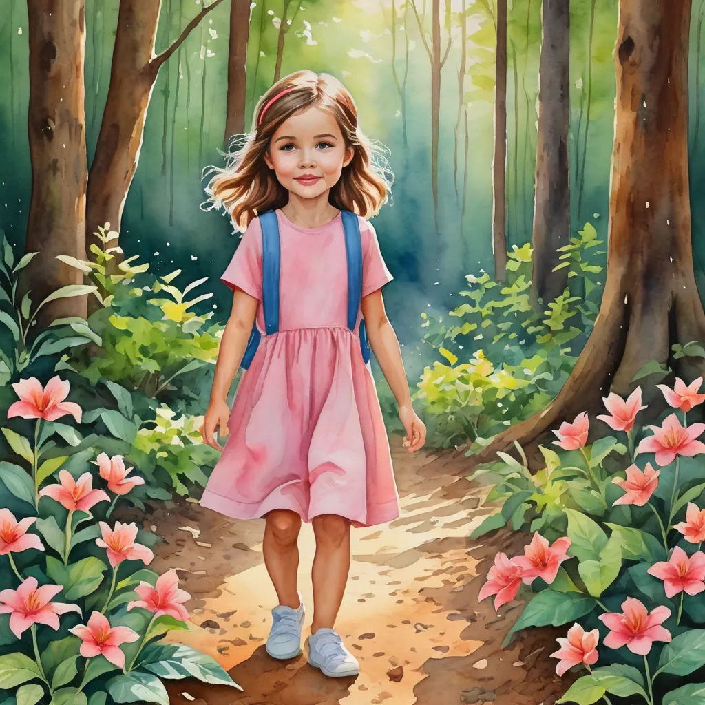 a painting of a girl walking through a forest with flowers on the ground and trees in the background,, magical realism, a storybook illustration, Bob Byerley, storybook illustration
