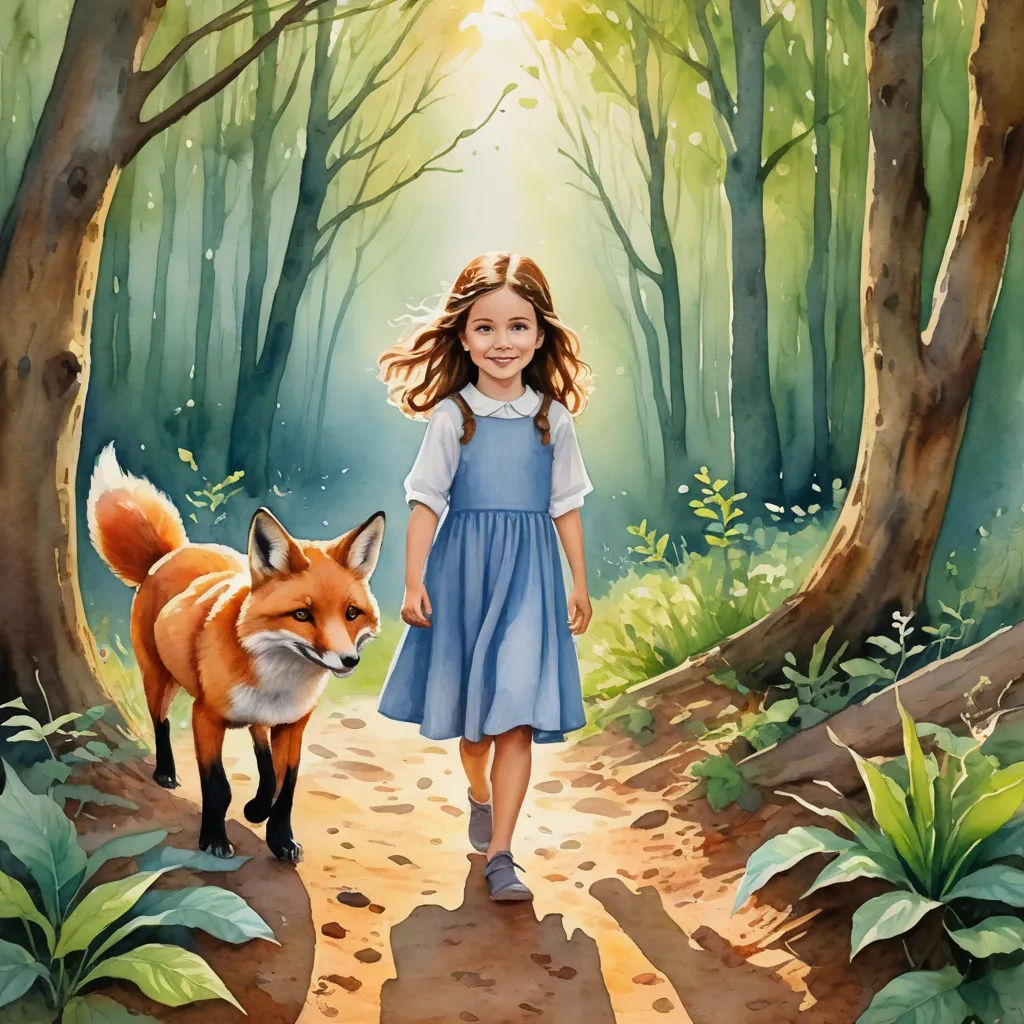 a painting of a girl and a fox in a forest with sunlight coming through the trees and leaves on the ground, fantasy art, a storybook illustration, Alice Prin, storybook illustration